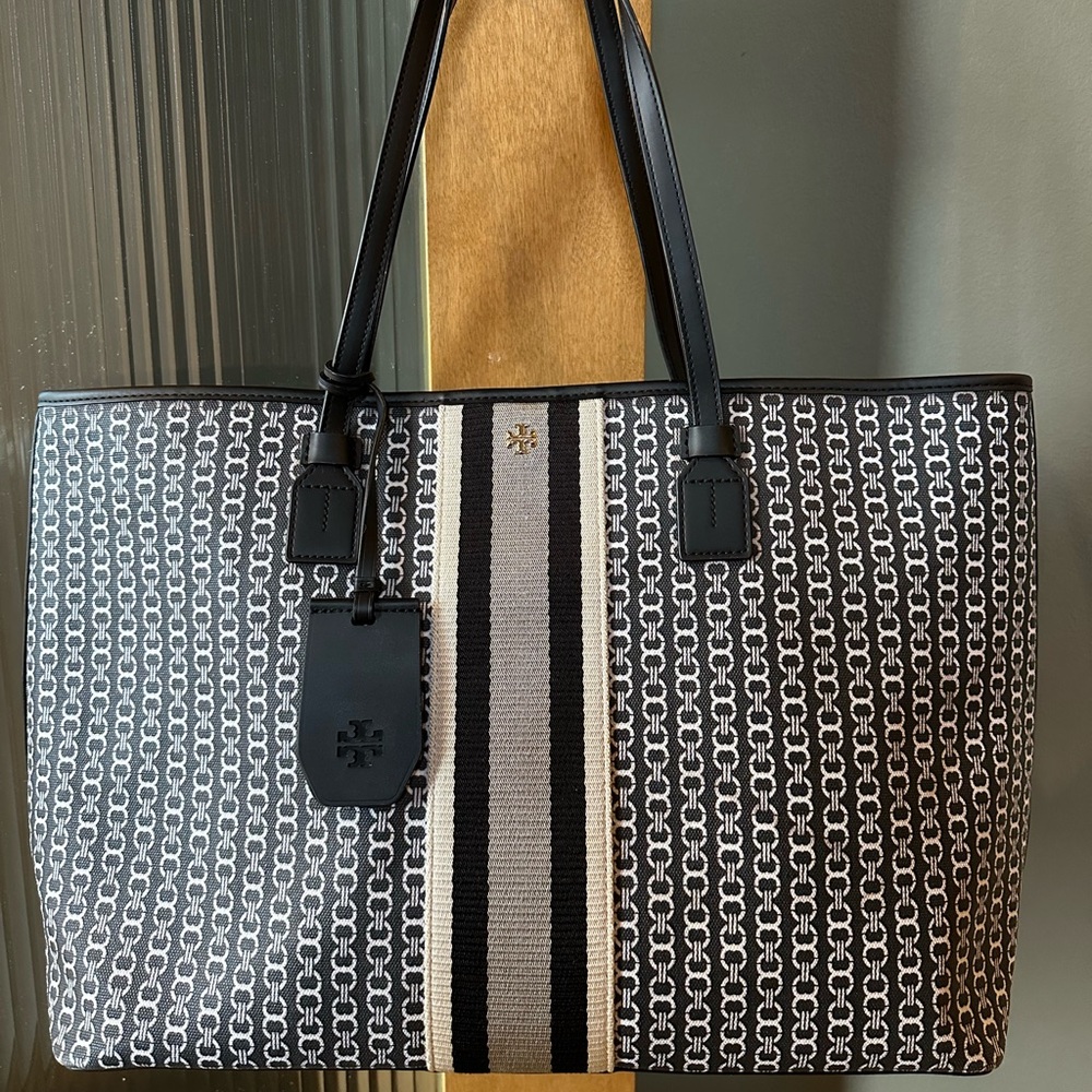 Tory Burch Large Black and White Patterned Tote, Gemini line